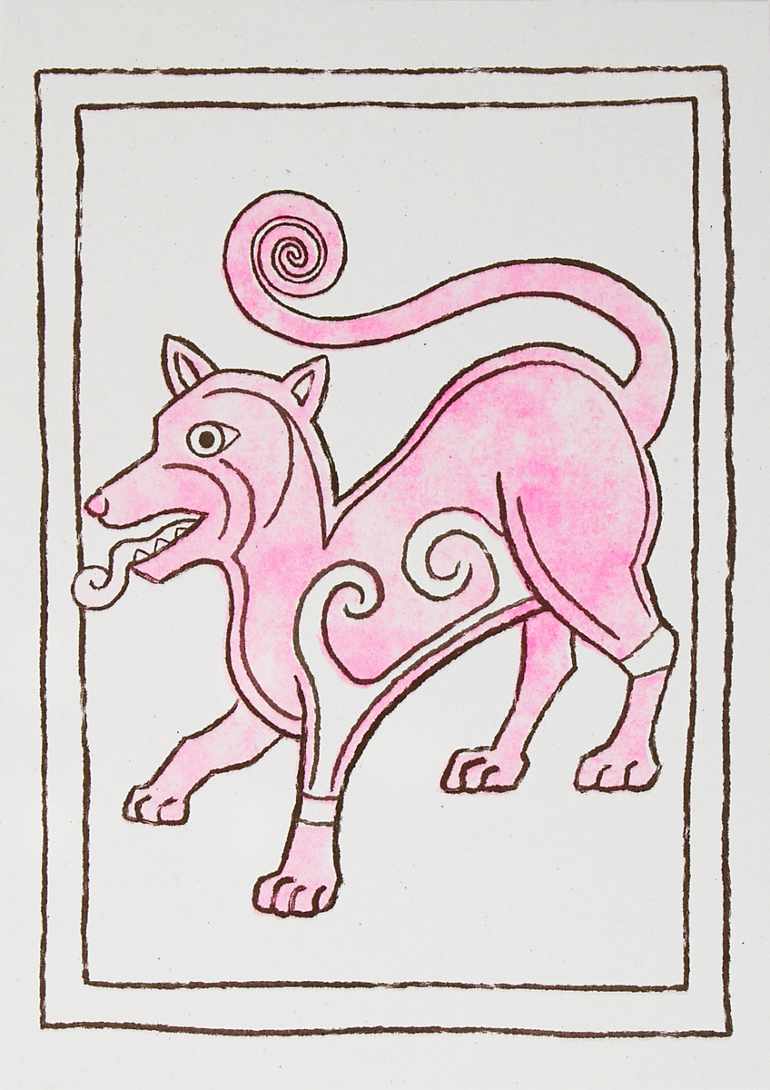 An A5 risograph print on white paper. It features a Pictish style lion, printed in pink and brown ink. Its front right paw is raised and its tongue is sticking out.