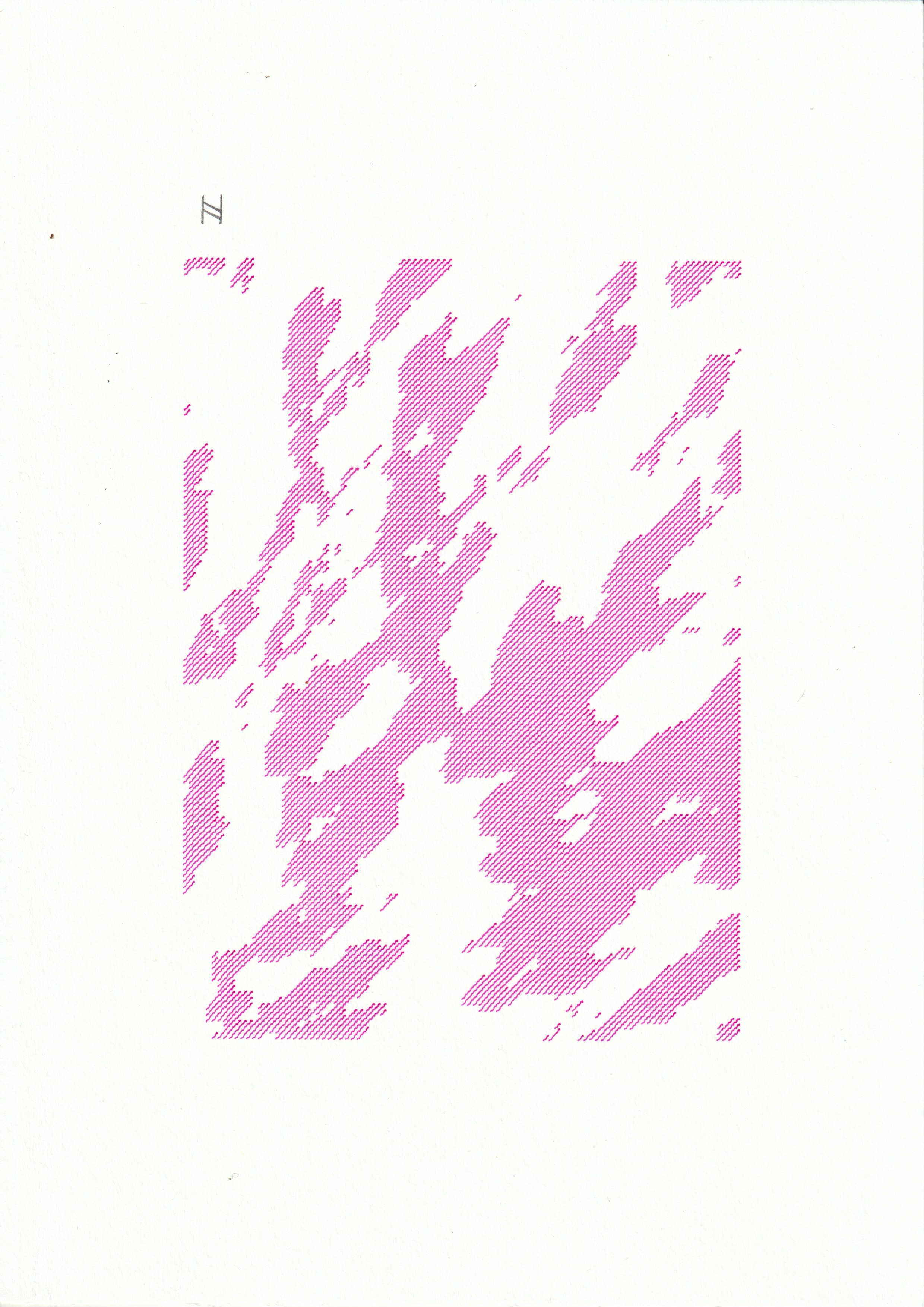 A print on white A4 paper, showing an abstract map made up of pink, diagonal wavy lines drawn in fineliner